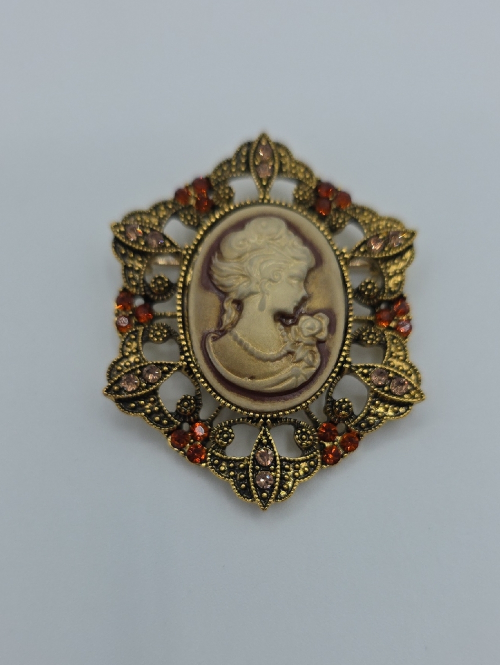Vintage Style Cameo Brooch with Gold Filigree and Amber Crystal Accents